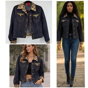 Vintage Christina Dark Denim Jacket with Leopard Print Accents Women's Size PSm